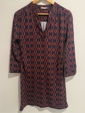 Ellie Kai Printed Shift Work Dress Navy Coral 3/4 Sleeve Stretch Tunic Size 4
